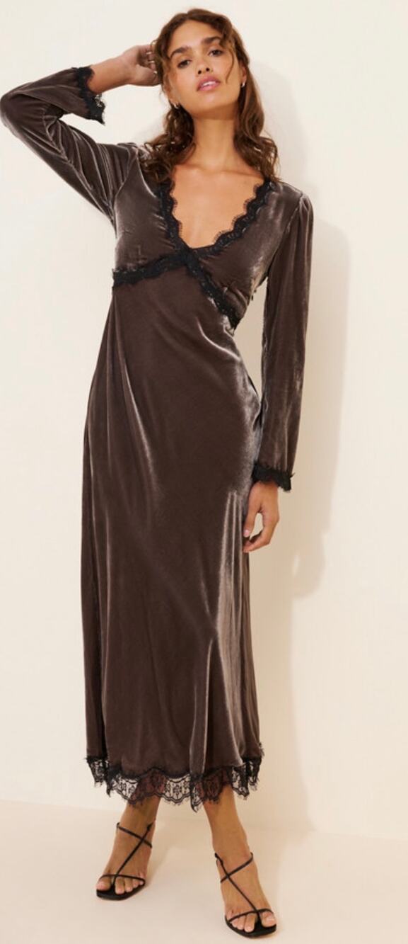 RIXO London Brown Alesha Lace-Trimmed Velvet Midi Dress size 10